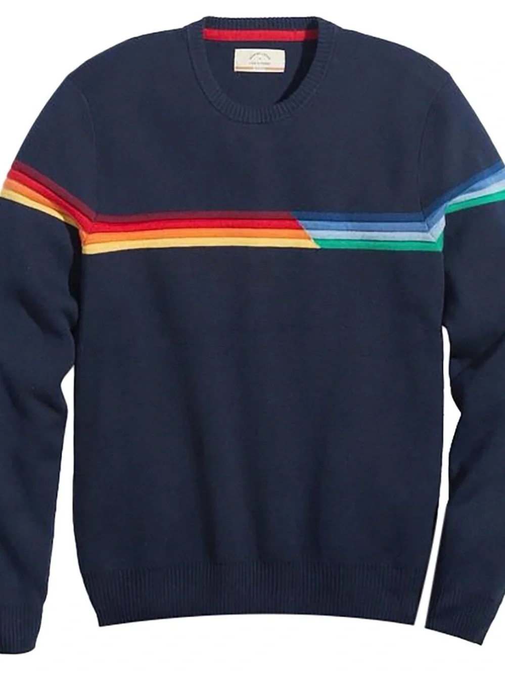 Marine Layer Navy Crewneck Sweater with Rainbow Chest Stripe